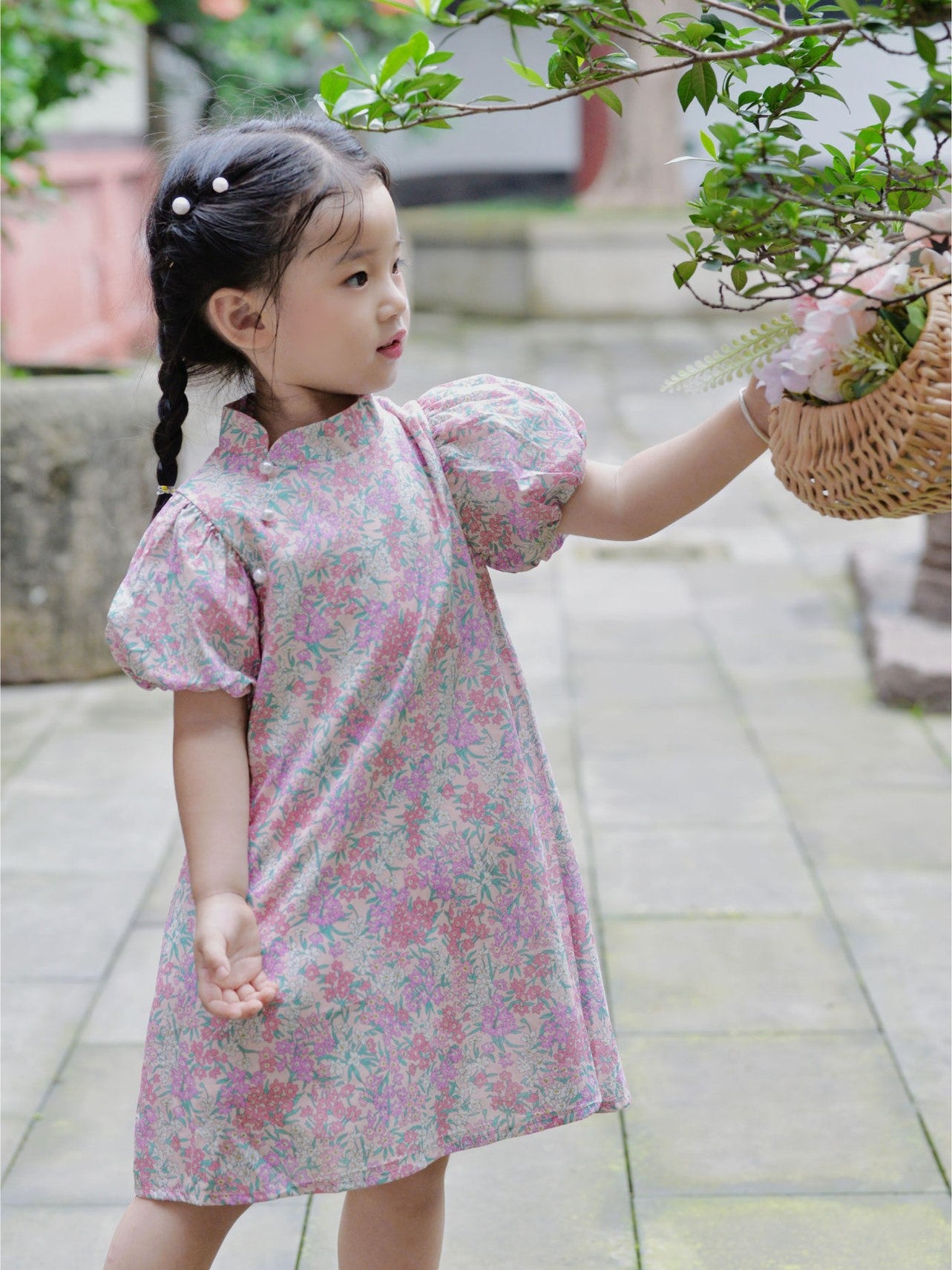 Girls Impatiens Pink Puff Sleeve Cheongsam Dress