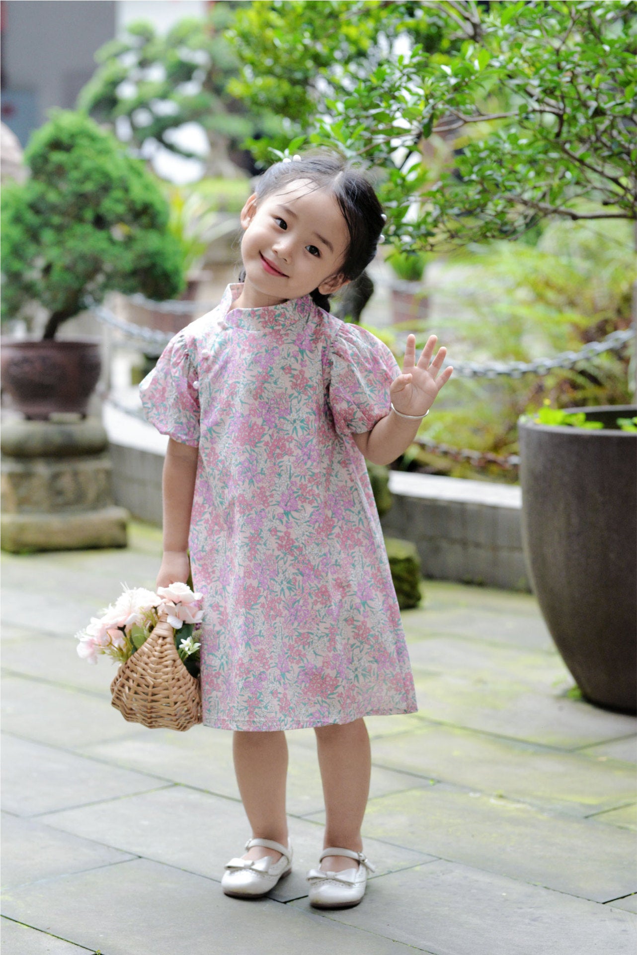 Girls Impatiens Pink Puff Sleeve Cheongsam Dress